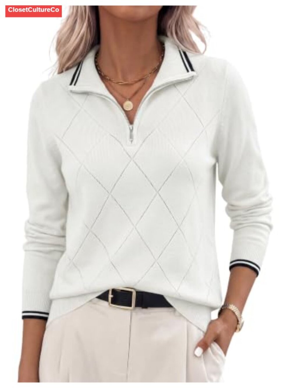 Ribbed Knit Half Zip Pullover Sweater Long Sleeve V-Neck Casual Top